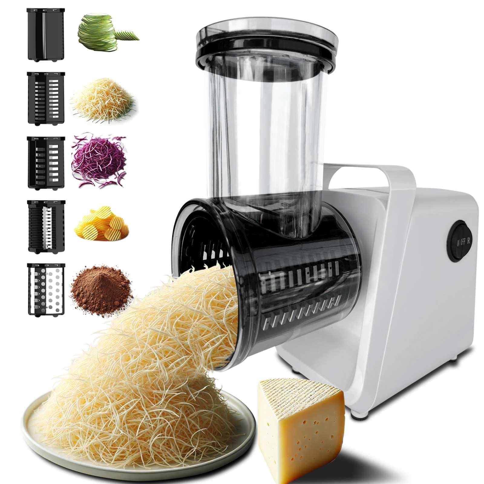 Photo 1 of Electric Cheese Grater Salad Maker 300W Electric Vegetable Slicer Shredder Chopper for Fruits with 5 Different Shapes of stainless steel Blades Stainless Steel Food Cutter for Vegetables and Cheeses