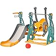 Qaba 3 in 1 Toddler Swing and Slide Set, Kids Slide with Climber, Ultra-Safety, Basketball Hood, Baby Playground Set, Fun Indoor/Outdoor Playset Exercise Toy for Ages 1.5-3