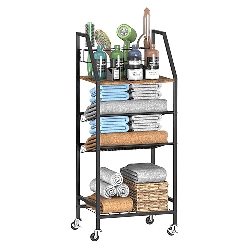 4-Tier Towel Rack Free Standing with Hair Tool Organizer, Durable Metal Bath Towel Holder for Bathroom, Pool Towel Rack, Space-Saving Storage Organizer, Bath Towel Shelf with Wheels, Rustic Brown