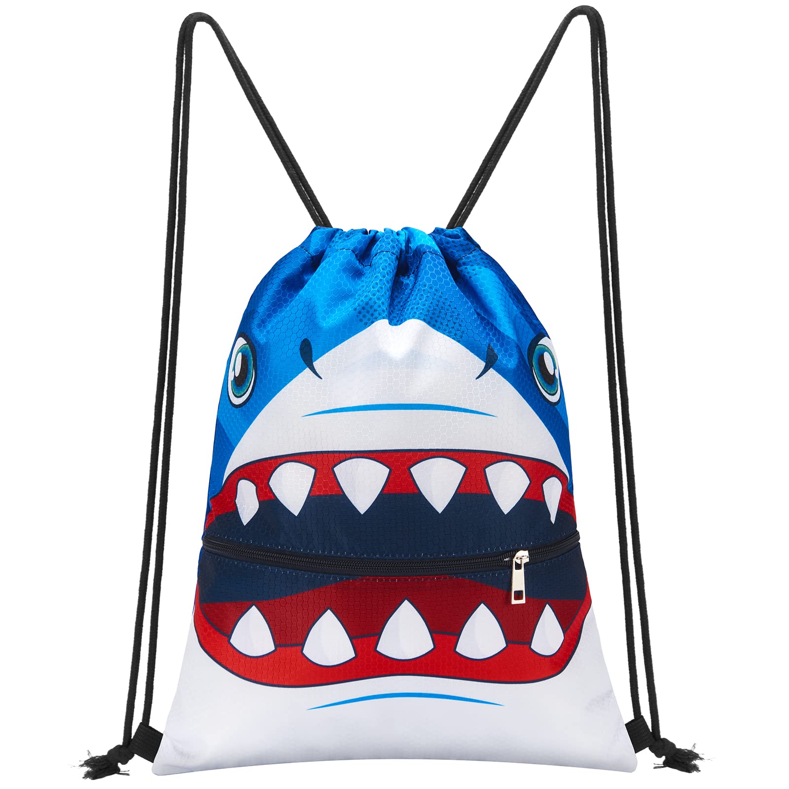 WAWSAM Shark Drawstring Bags - Drawstring Bags for Boys Kids Waterproof Draw String Bag Gym Sports Bag with Zippered Pocket, Swimming Bags for Kids for Swim Personalised Drawstring Bag