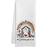 WOTYPU Christian Christmas Nativity Kitchen Towels, Birth of Jesus Christian Dish Tea Towels, The Greatest Gift of All Bible Verse Decorative Hand Towel for Bathroom, 16x24 Inch