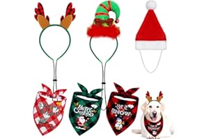 Pedgot 6 Pack Pet Costume Accessories Christmas Classic Buffalo Plaid Pet Scarf Pet Xmas Reindeer Antlers Headband with Ears Adjustable Xmas Dog Santa Hat for Pet Decor