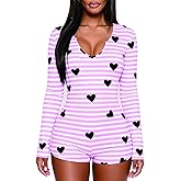 Lshyuehao Womens Sexy Onesie Pajama Long Sleeve V Neck Heart Bodycon Jumpsuit Button Down Short Romper Sleepwear