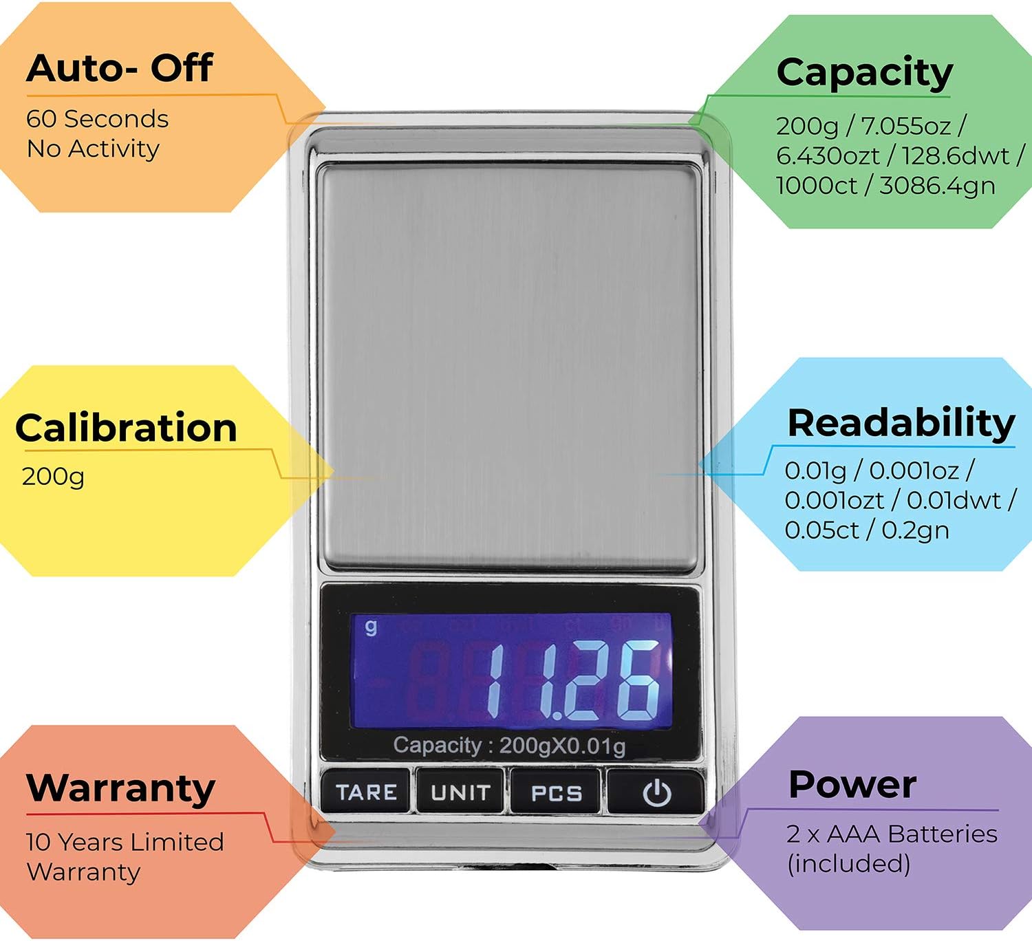 AWS American Weigh Chrome Digital Pocket Scale, 200g by 0.01gm, Stainless Steel, 11.43 x 6.35 x 1.52 cm