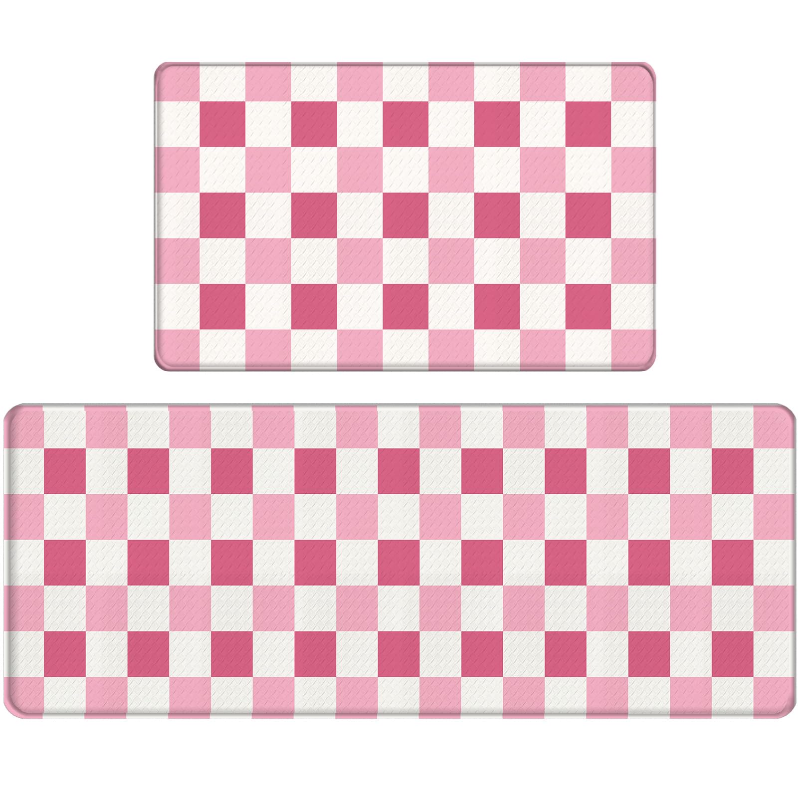 Bulijojo Pink Plaid Anti Fatigue Kitchen Floor Mats Set of 2 Waterproof Kitchen Sink Runner Rug Standing Mat Cushioned Kitchen Rugs Comfort Doormat 17"x47"+17" x30“