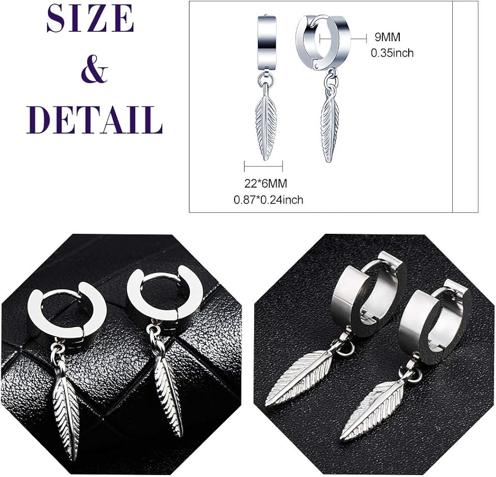 Feilok Men's Womens Vintage Stainless Steel Leaf Dangle Hinged Hoop Earrings, C - Image 3