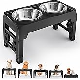 Moserein Elevated Dog Bowls for Medium Large Dogs - 5 Height Adjustable Mess Proof Raised Bowl Stand with 2 44oz Stainless Steel Food Bowls Dish Set Adjusts to 3.54’’-12.13’’ Non-Slip Black (DB-B)