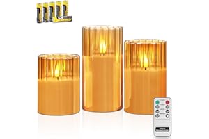 Rhytsing Gold Ribbed Glass Battery Operated LED Candles with Remote, Flameless Candle Gift Set with Timer, Warm White Light- 