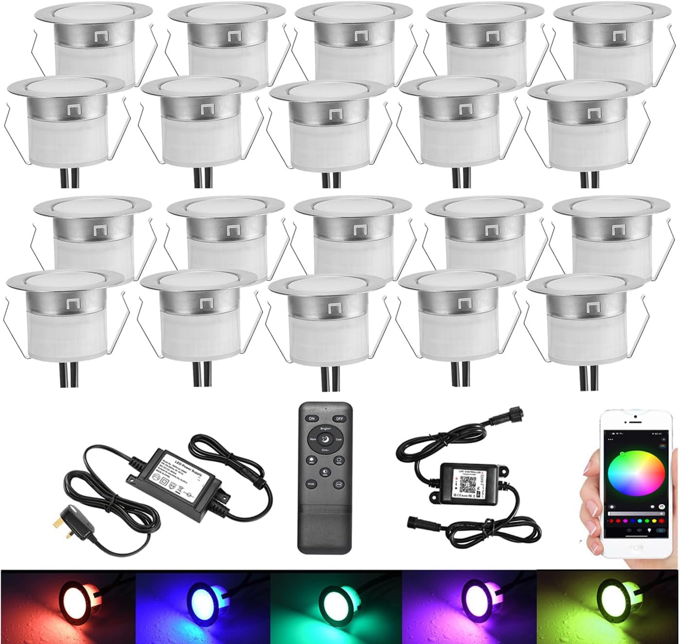 GEYUEYA Home Decking Lights RGB Ø45MM 12V 0.5W WiFi APP Phone Control Color Change LED Decking Patio Lighting for Steps Stair Terrace Kitchen Outdoor Indoor Lamps with Remote Controller - 20 Packs