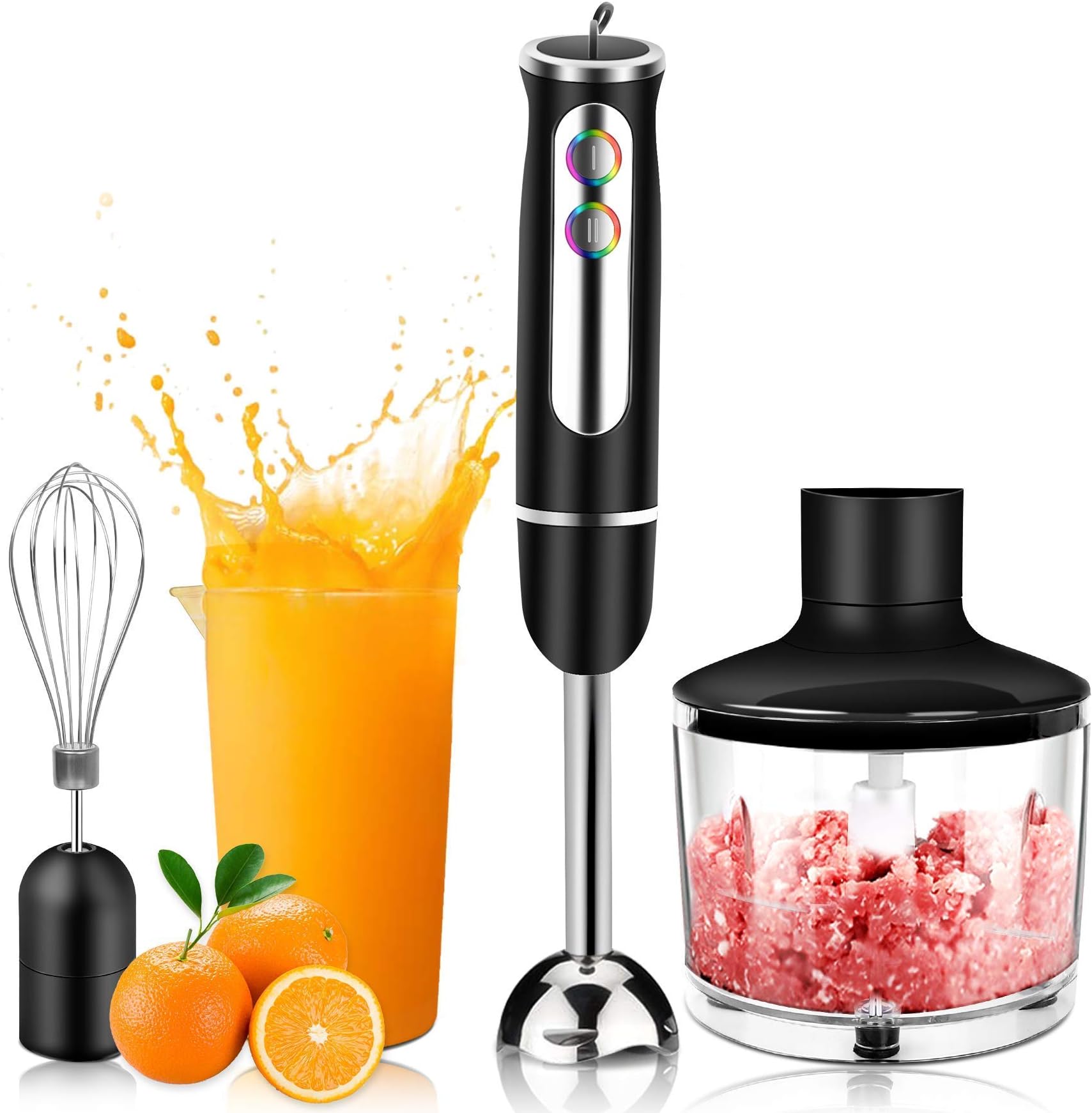 Immersion Hand Blender,4-in-1 Food Stick Mixer,500 Watt,8-Speed,with 860 ml Food Processor Chopper,600 ml Beaker,Egg Whisk