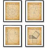 Math Art Prints - Archimedean Spiral, Euler's Formula, Fibonacci Golden Spiral, Pythagoras Theorem - Set of Four Gallery Wall 8x10 Unframed - Geometry Wall Decor &amp; Math Poster