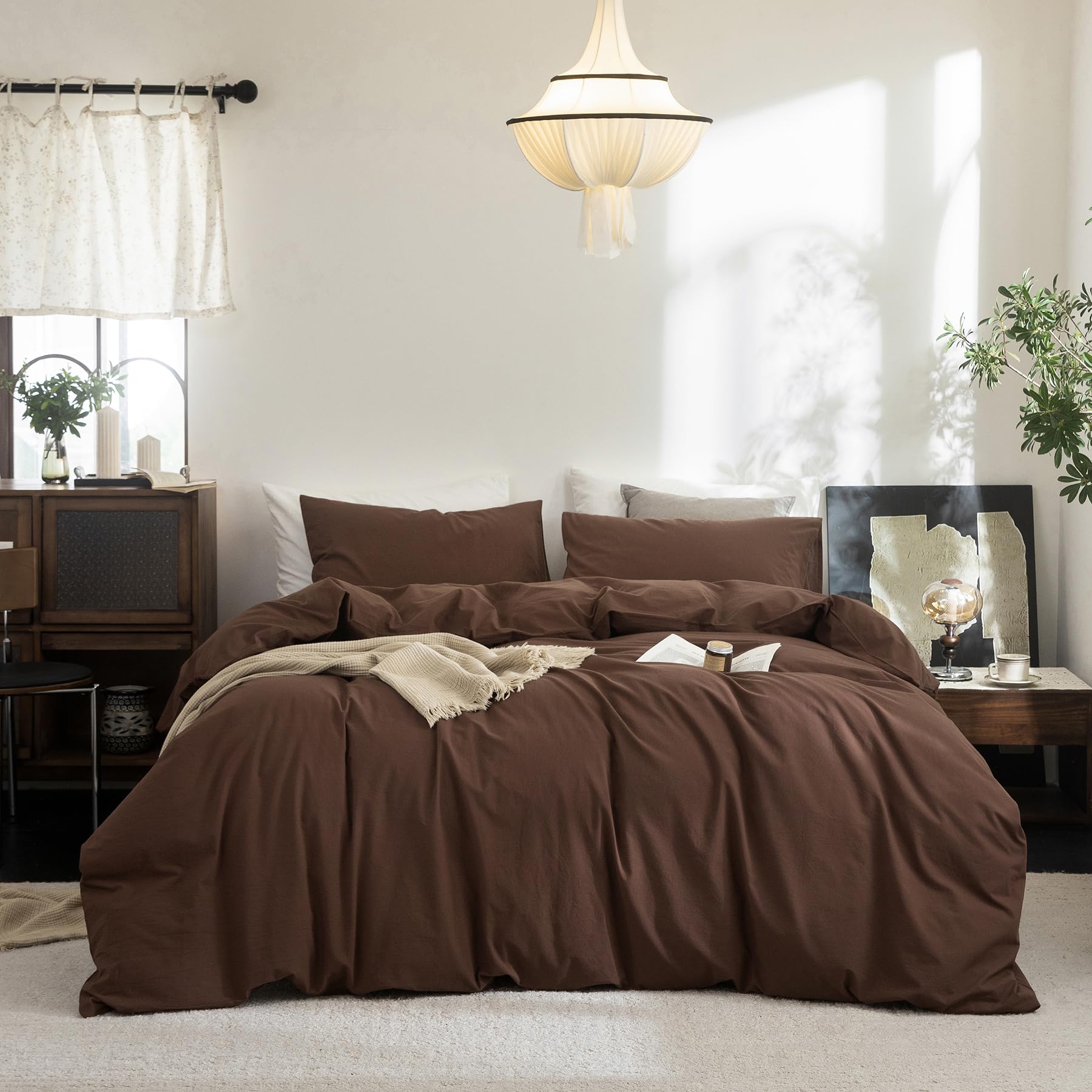 Photo 1 of FOSSA Duvet Cover Set 100% Washed Cotton Linen Feel Super Soft Breathable Cozy 3 Pieces Bedding Sets Solid Cocoa Brown Super Queen