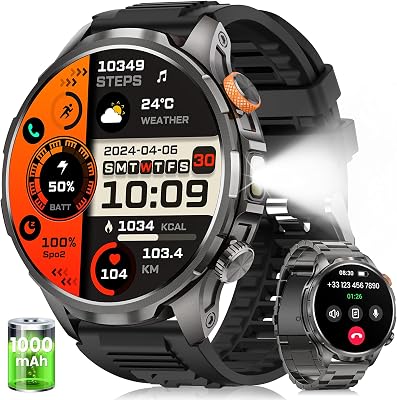 Reloj Inteligente Hombre con 1000mAh Batería y Linterna, Negro