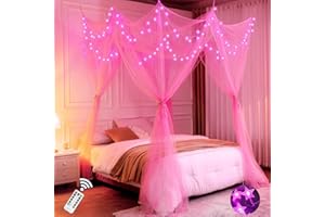 Lovelite Pink Bed Canopy with Lights for Girls, 8 Corners Post Canopy Bed Curtain with Pink LED Star Lights Remote Control for Girls Bedroom, Hanging Princess Canopy for Twin Full Queen King Bed