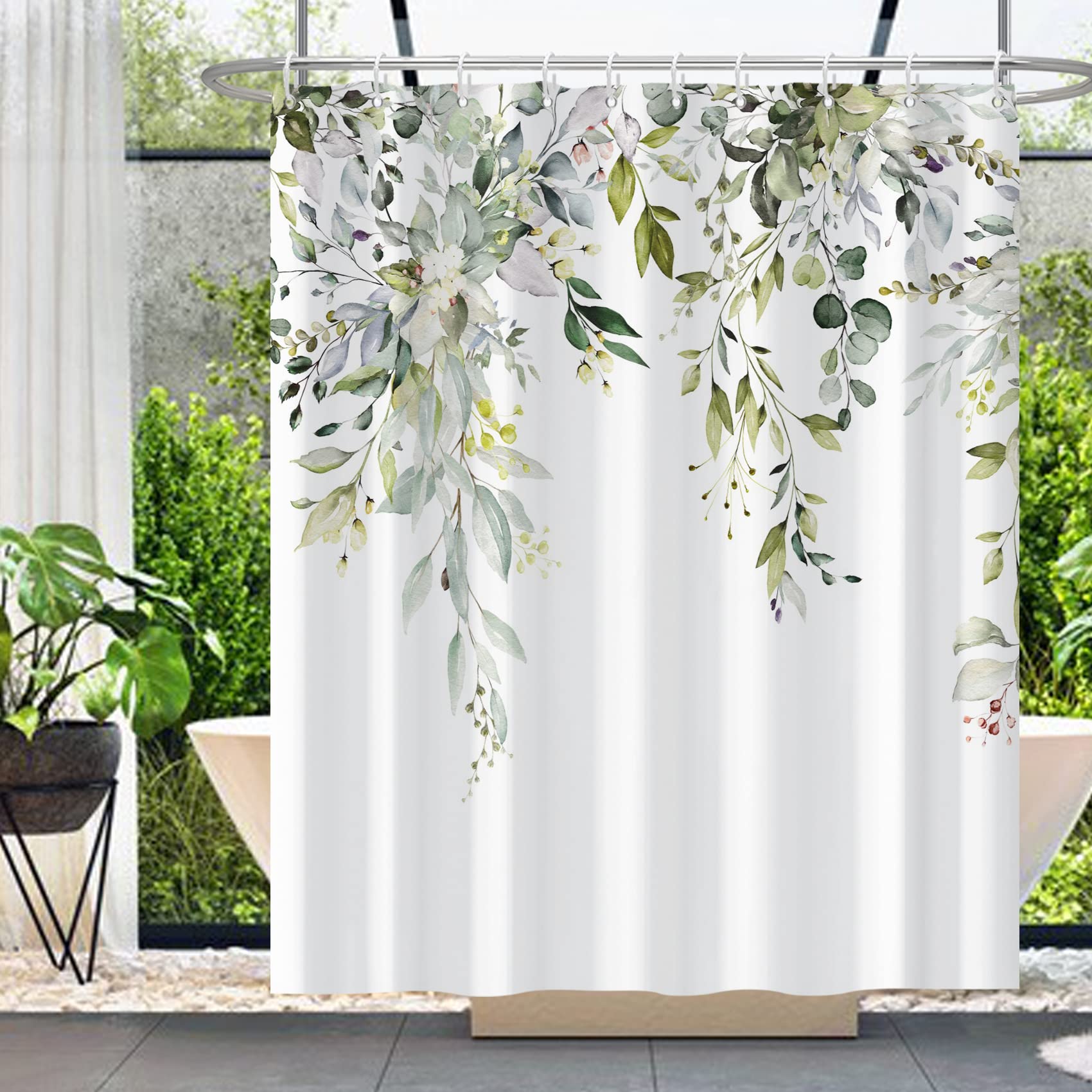 MIRRORANG Sage Leaf Green Eucalyptus Stall Shower Curtain,Watercolor Leaf Plant with Floral Bathroom Curtains with Hooks,Waterproof Mildew and Mould Resistant Polyester (152 x 183 cm) — image 1