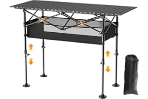 JWPEHOE Height Adjustable Camping Table, Outdoor Folding Camping Table with Mesh Storage/Carrying Bag, Portable Aluminum Roll-up Table for Camping, Party, Backyard, BBQ