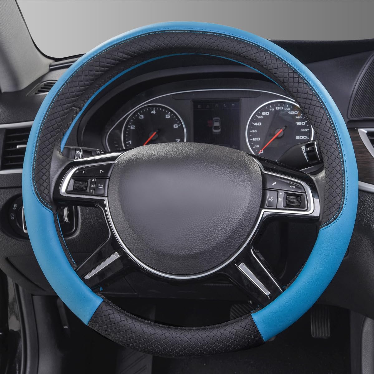 Photo 1 of CAR PASS Rhombus Leather Universal 14.5-15 inch Steering Wheel Cover, Fit for Suvs,Trucks,Cars,Sedans,Vans (Black&Blue)