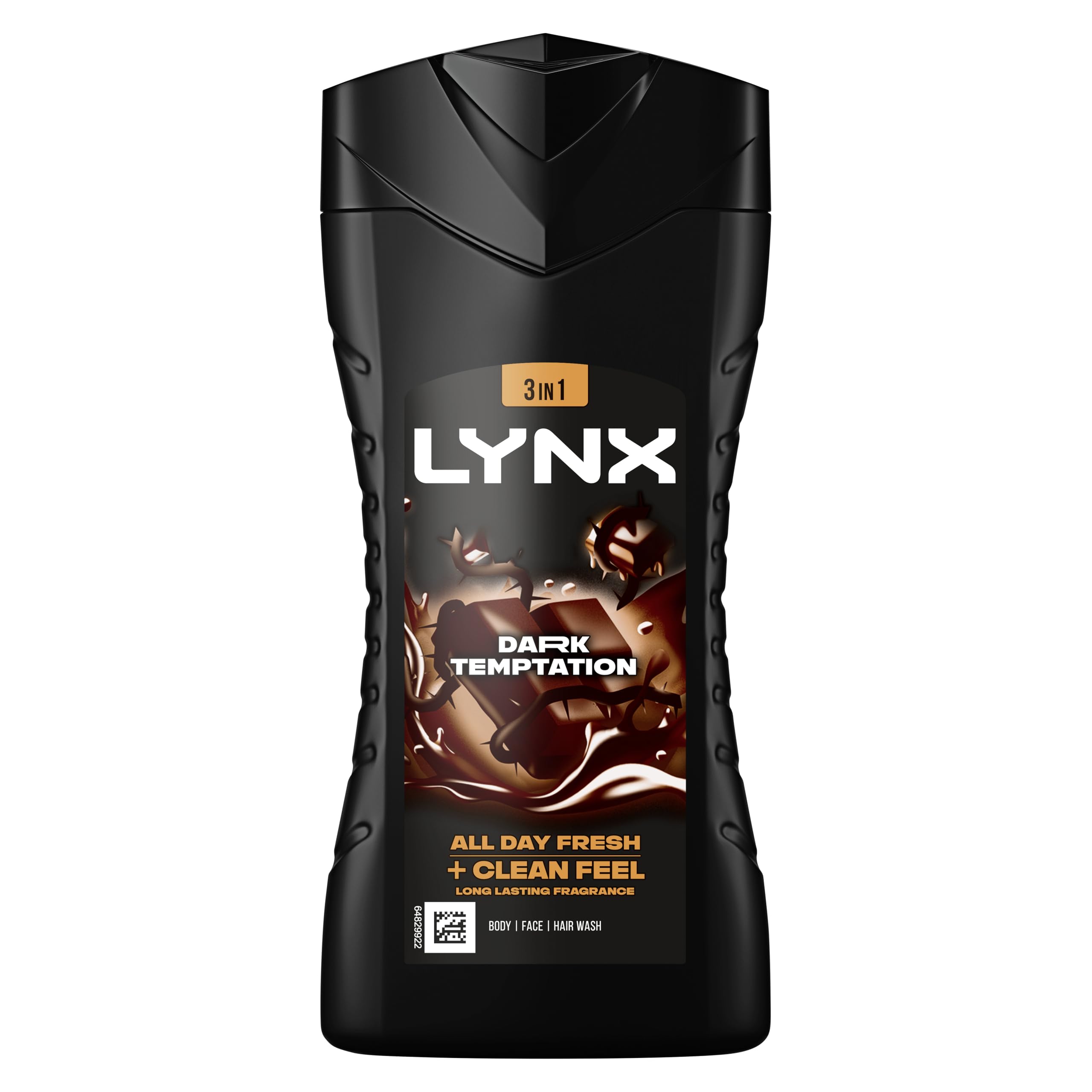 Lynx Dark Temptation 3-in-1 Body Wash Body Cleanser shower gel with an intense scent of rich chocolate for an all day fresh & clean feel 6x 225 ml