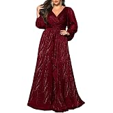 VOUIAO Plus Size Bridesmaid Dress Formal Wedding Guest Cocktail Dresses | Plus Size Long Sleeve Chiffon Evening Gown V Neck Twist Waist Ruffle Maxi Dress Wedding Guest Bridesmaid Formal Dress
