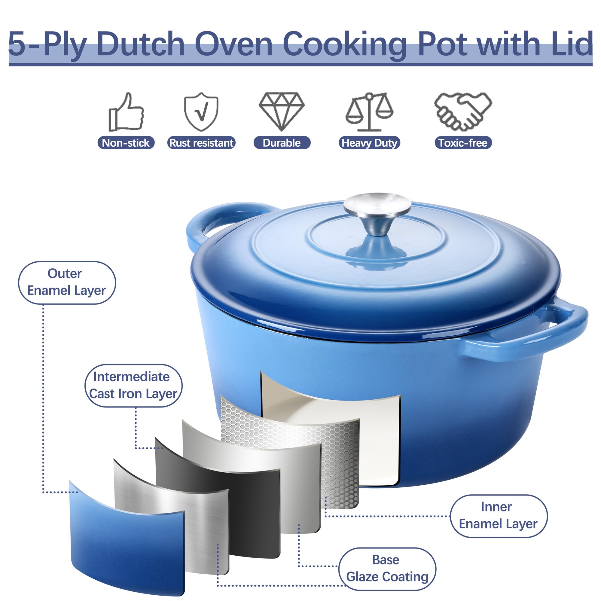 E-far Dutch Oven Pot with Lid, 5 Quart Enameled