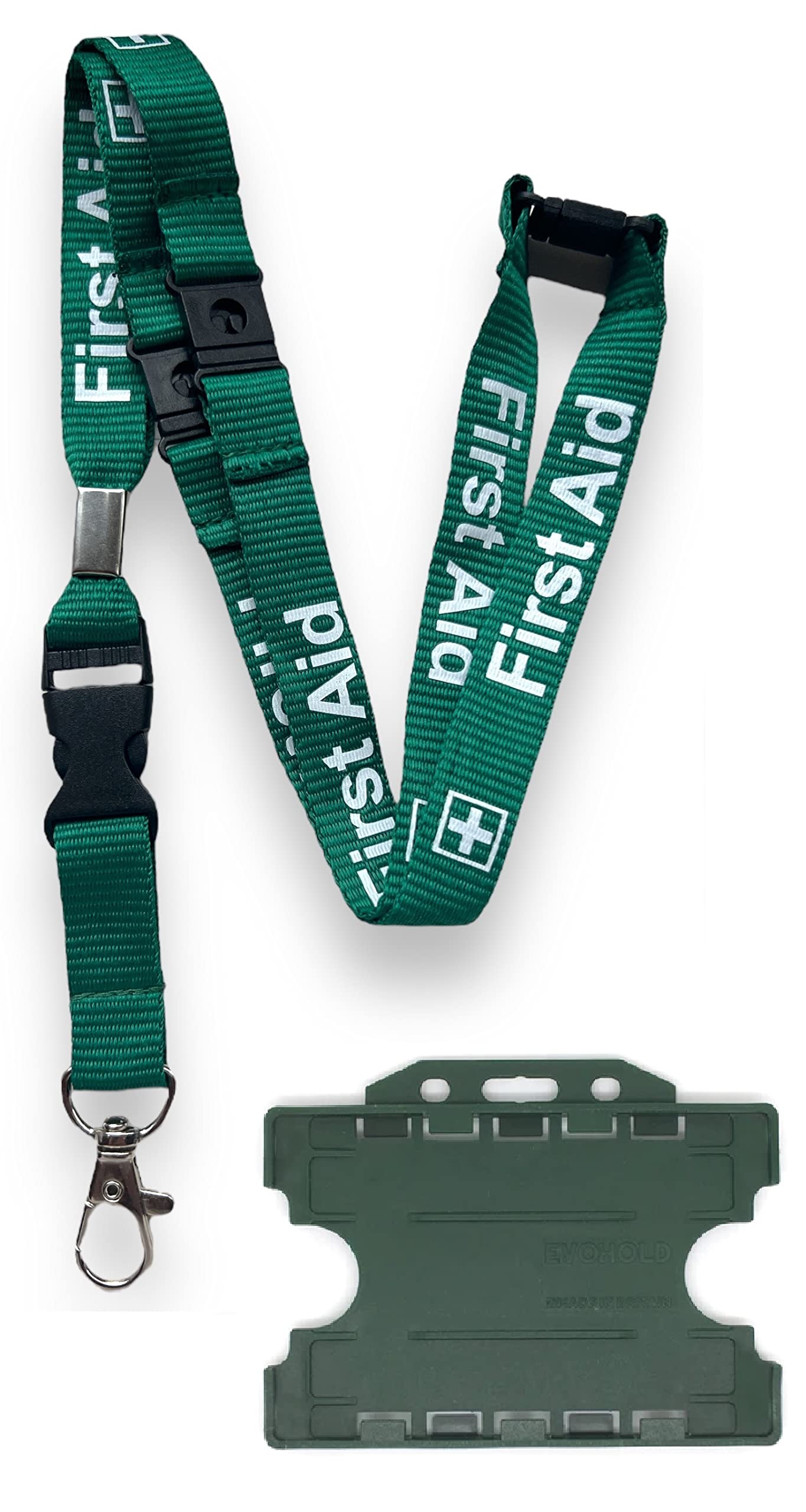 15mm Green First Aid Lanyard with 3 Point (Triple) Safety Breakaway & Detachable Buckle Clip & Green Horizontal ID Card Holder (1)