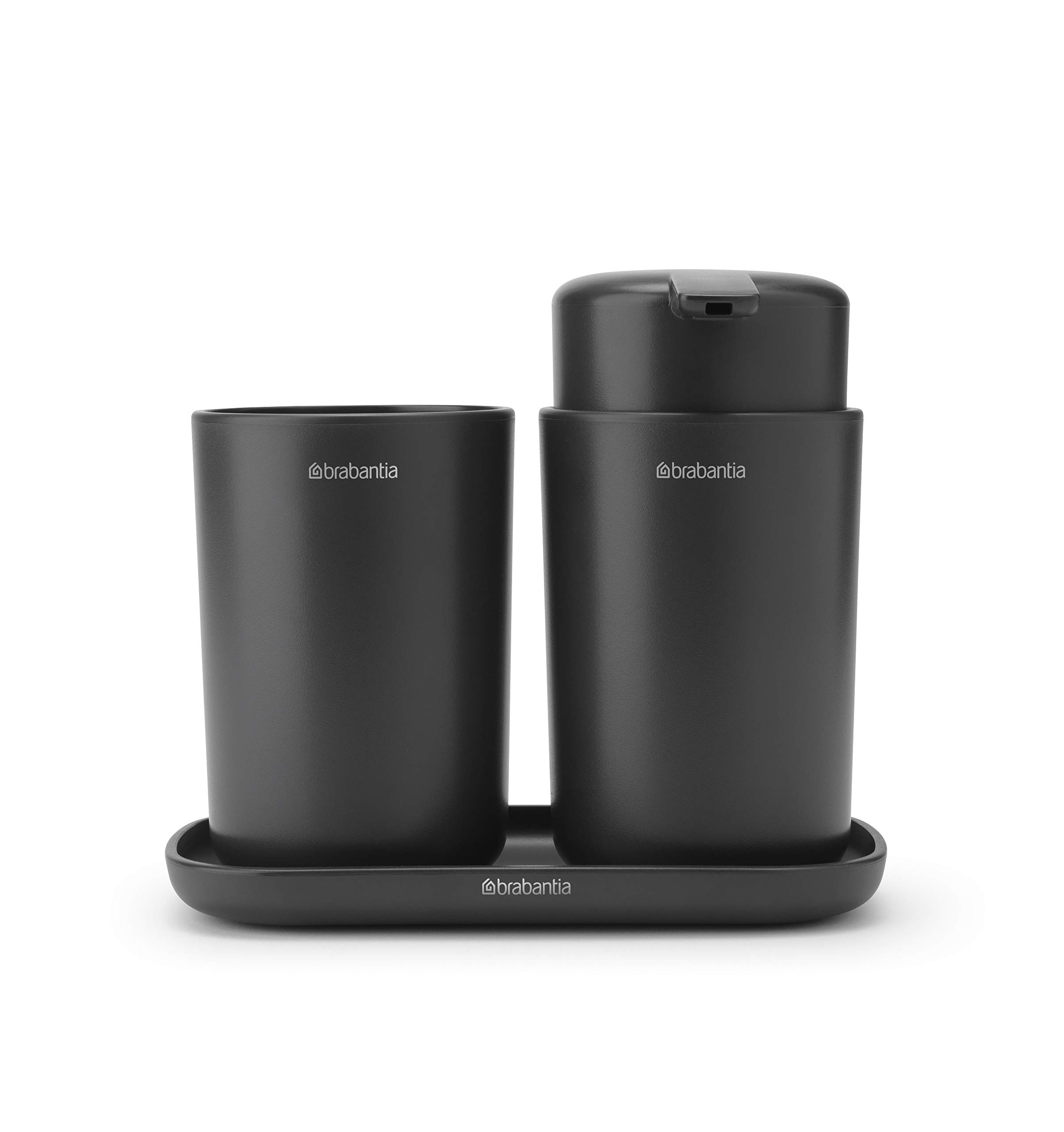 Brabantia ReNew 3 Piece Bathroom Accessory Set, Refillable Handwash Soap Dispenser, Toothbrush Holder & Tray, Set of 3, Dark Grey