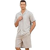 Vulcanodon Mens Pajama Set, Soft Cotton Cool Button Down Short Sleeve Pajamas for Men Cozy Sleep Lounge Pj Sets with Pocket