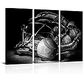 LevvArts Black and White Baseball Wall Art Sports Themed Poster Wall Decor Mens Bedroom Boys Room Decorations Vintage Ball Glove Pictures Print Home Gym Decoration 16"x32"x3PCS