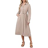 Women's Long Sleeve Plaid Maxi Dress Casual Button Down Belted Collar V Neck Long Shirt Dresses