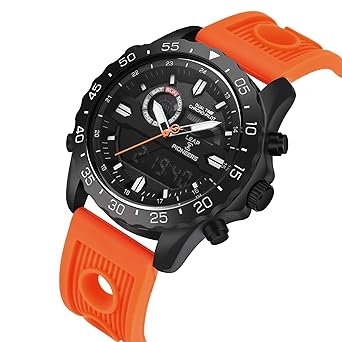 LEAP X PIONEERS Mens Sport Watch Dual Time Wrist Day Date Display Water Resistance with Orange Silicone Band