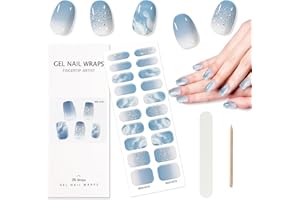 TOROKOM Semi Cured Gel Nail Strips - 20PCS Self-Adhesive Full Wraps With Nail File, Stick & Sealing - Halo Dye Blue for Women Girls DIY Manicure Decorations