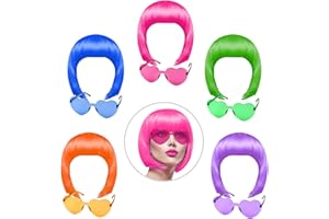 KUUQA 10 Pieces Party Wigs and Sunglass Set, Neon Short Bob Wig Sunglass Pack Costume Colorful Cosplay Wig Daily Party Hairpieces for Bachelorette Neon Party Favors, Halloween and Decorations