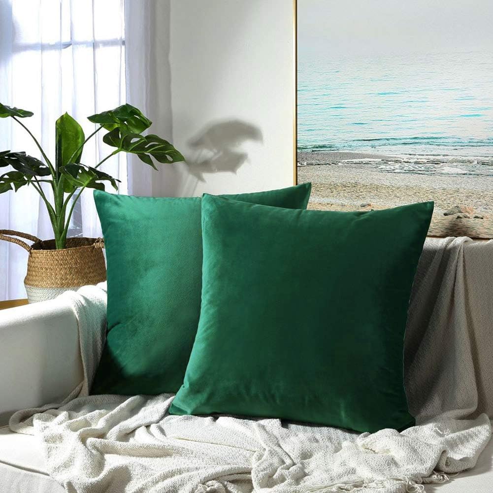 JUSPURBET Christmas Dark Green Velvet Throw Pillow Covers 18x18 inch Set of 2 for Living Room Couch Sofa Bedroom Decorative Soft Square Solid Cushion Cases with Invisible Zipper
