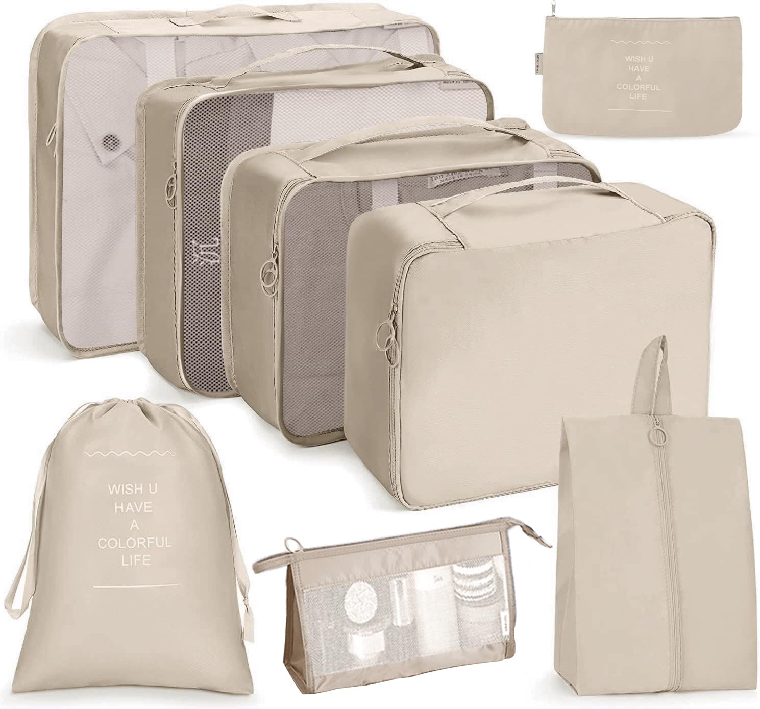 Bansga Packing Cubes for Suitcase 8 Sizes Suitcase Organizer Bags 8 pcs（Beige）