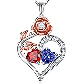 Iefil Rose Heart Birthstone Necklaces for Women - 925 Sterling Silver Double Birthstone Necklace, Anniversary Birthday Gifts for Women, Jewelry Gifts for Wife Her