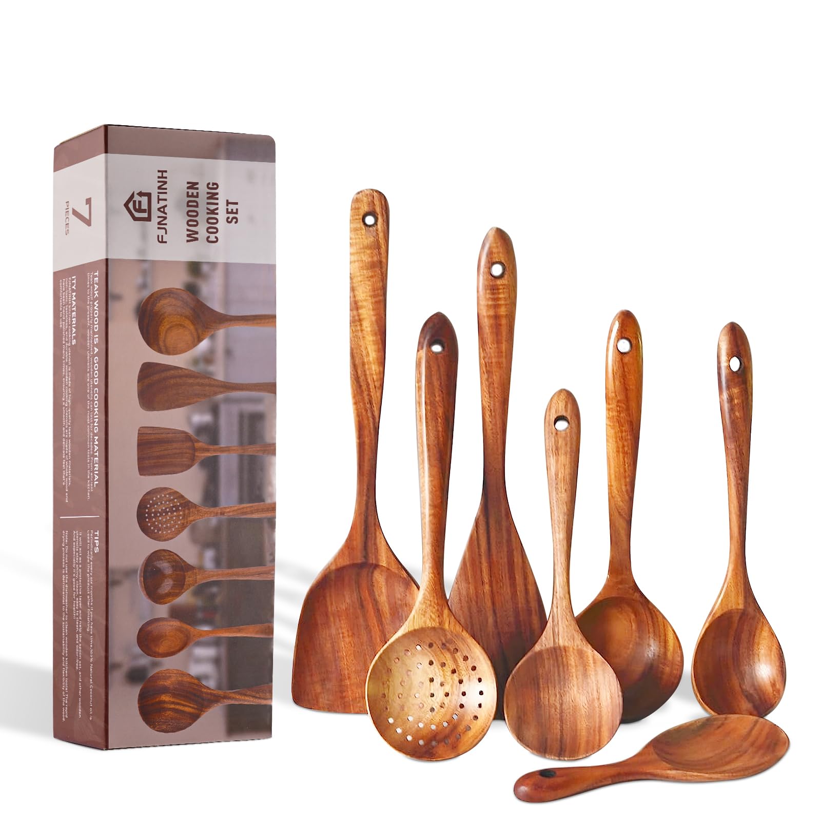 Wooden Spatula Set 7pcs Natural Teak Kitchen Cooking Utensil Wooden Spoon — image 1