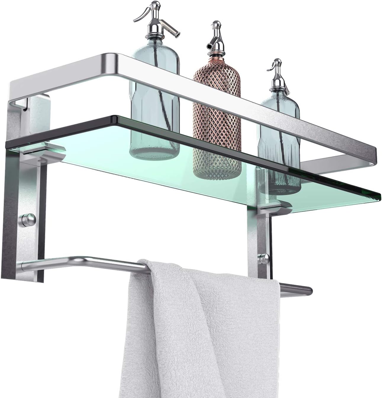 GeekDigg Bathroom Shelf, Tempered Glass Floating Shelves Wall Mounted Storage Shelves with Towel Bar (1 Tier): Kitchen & Dining