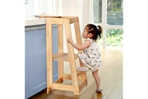 KIDINIX Solid Wooden Toddler Standing Tower, 3 Height Adjustable Kids Step Stool, Kitchen Stool Helper, Anti-Slip and Safety Structure, Suit in Kitchen/Bathroom, Natural Pine