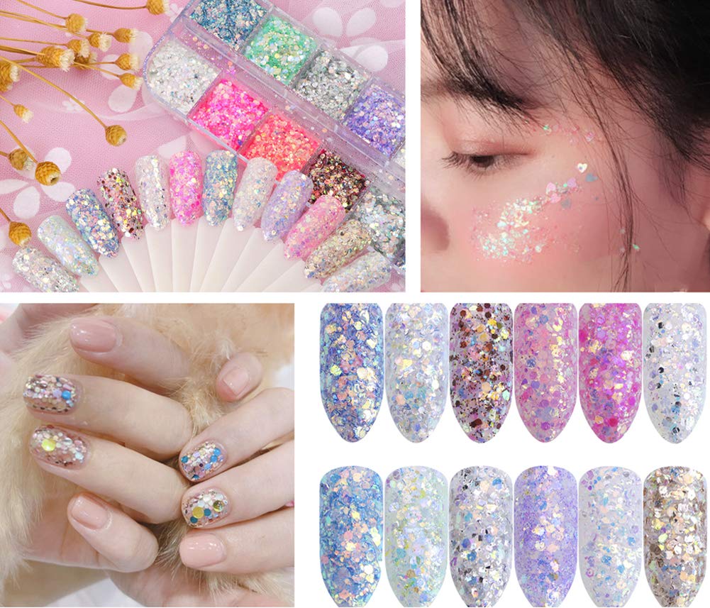 Holographic Nail Glitter Sequins Nail Art Accessories Mixed Colorful 3D Nail Glitter Flakes for Nails Decoration Shiny Nail Sparkle Glitter Designs Mermaid Manicure Tips Charms (12 Colors): Beauty