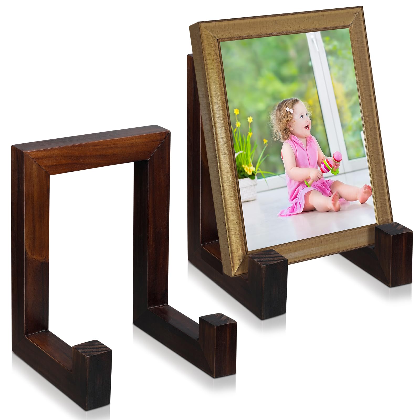 Photo 1 of Soaoo 2 Pcs Wooden Plate Stand for Display Picture Stands Frame Holder Easel 8 Inch Table Top Easels Decorative Plaque Stand Home Decor for Display Picture, Plate, Book, Art, Photo(Brown)