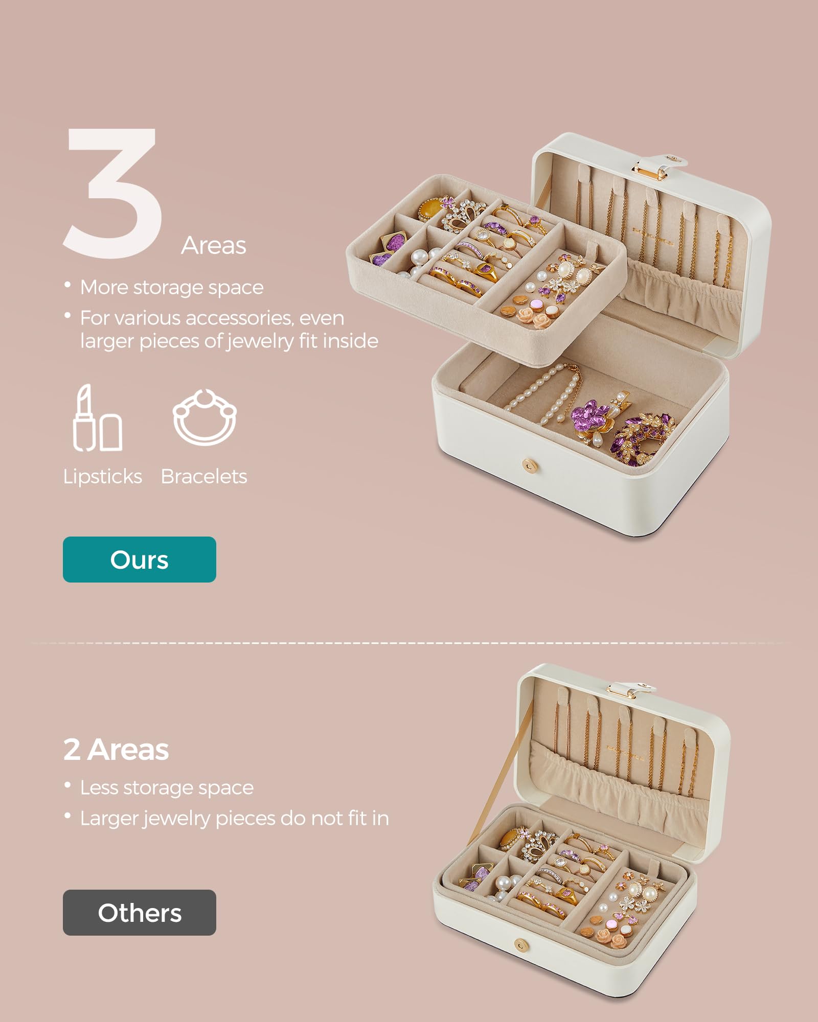 SONGMICS Jewelry Organizer Box, 2-Layer Travel Case for Earrings, Necklaces, Bracelets - Portable Jewelry Storage with Large Capacity, Gift-Ready Box for Women & Girls, Cloud White UJBC166W01