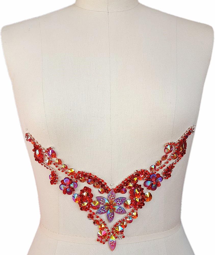 Handmade Bling Beaded Sequin 20x25cm Dazzling AB Acrylic Strass Crystal Sew on Neckline Hotfix Rhinestones Applique Sweing for DIY Wedding Dress Trim Decoration (red)