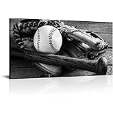 LevvArts Black and White Baseball Canvas Wall Art Sports Pictures Poster Decor for Mens Bedroom Boys Room Decorations Gallery Wrapped Ready to Hang 24"x48"