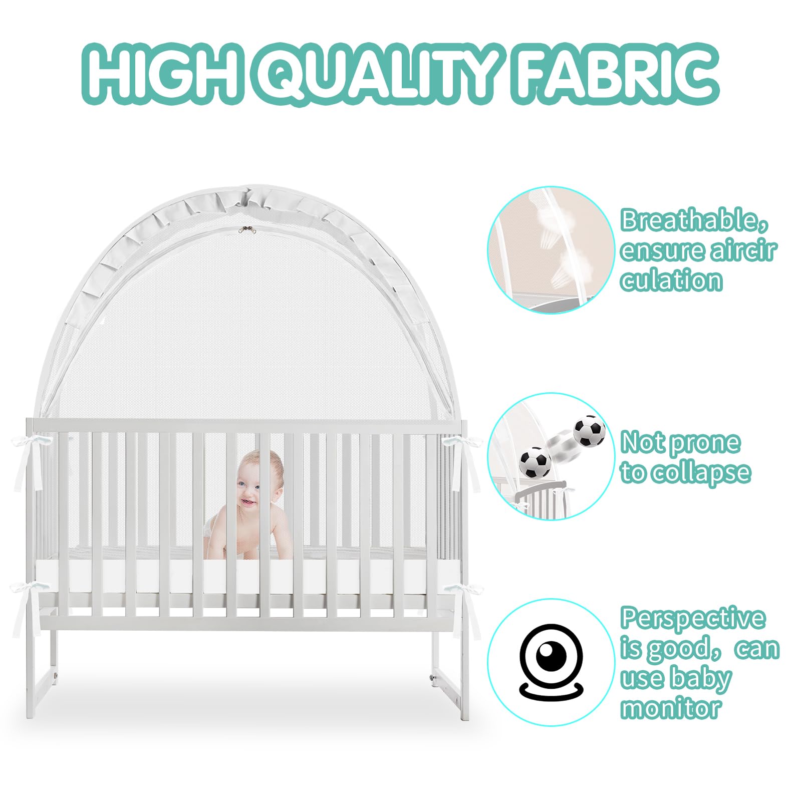 Crib Tent - Crib Net to Keep Baby in, Stop Baby from Climbing Out of Crib, Pop Up Crib Tent with Durable Breathable Net Double Zipper Strong Rods Installation Convenience