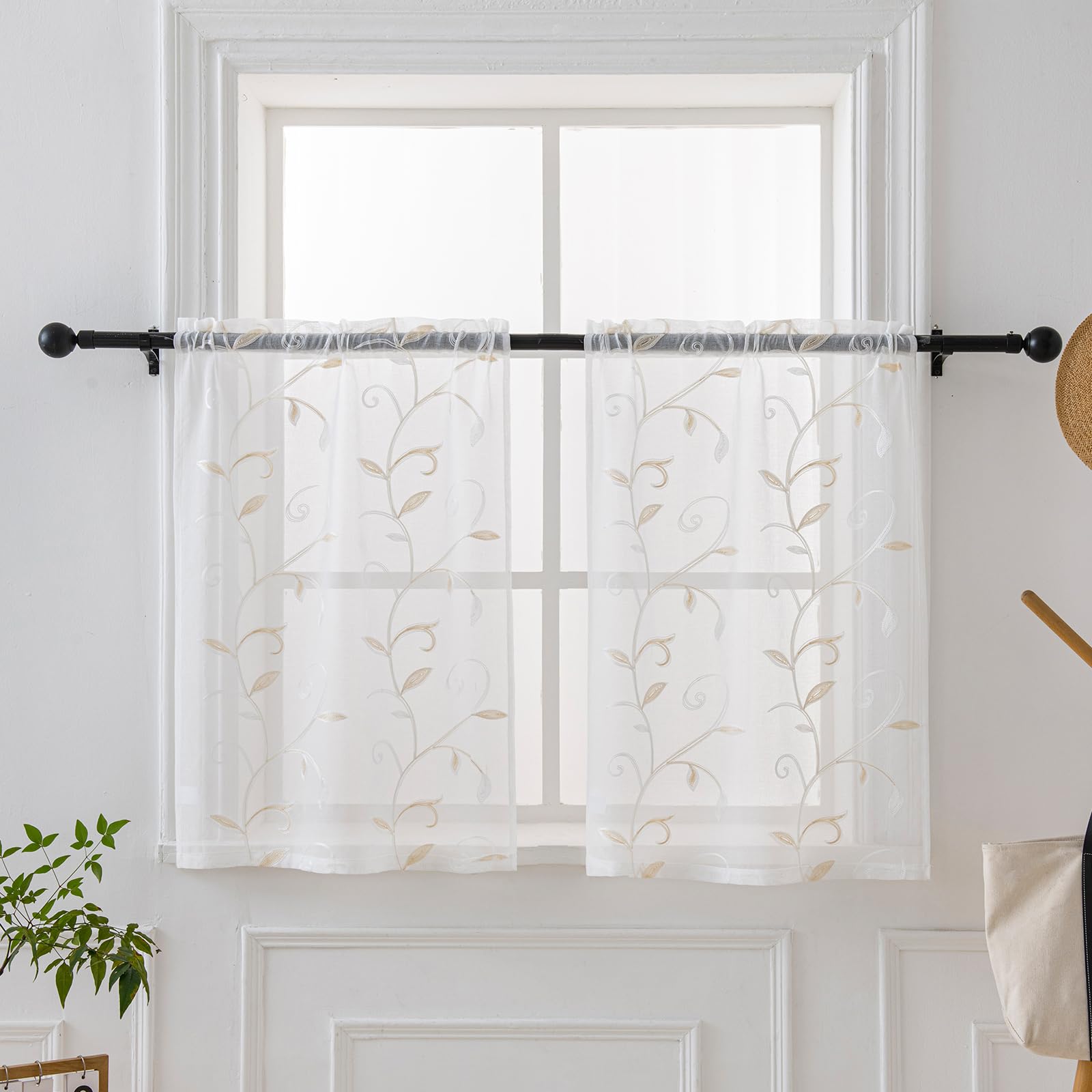 Photo 1 of VISIONTEX White Sheer Voile Curtains, Decorative Beige Leaves Embroidery Faux Linen Rod Pocket Window Drapes for Home Kitchen, Living Room and Bedroom 26 x 36 Inch, Set of 2 Curtain Panels