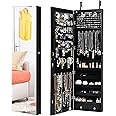 Byroce 47.5''H Jewelry Armoire, Over the Door/Wall Mounted, Full Length Mirror with Jewelry Storage, 2-LED Lockable Jewelry Cabinet with 2 Drawers, Hanging Jewelry Organizer for Bedroom (Black)