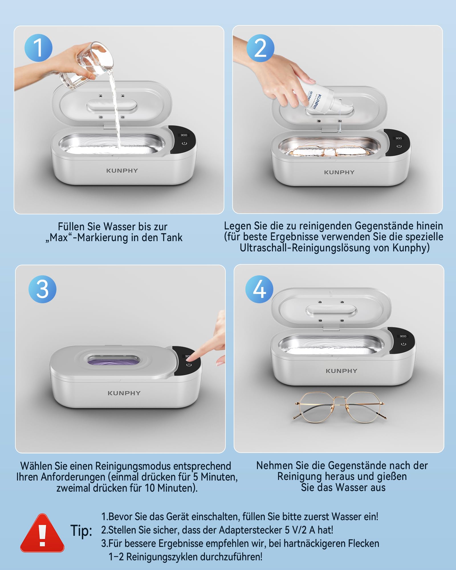 KUNPHY Ultraschallreinigungsgerät mit U-V – Brillenreinigungsgerät 400ml(20Oz) 48kHz, Ultrasonic Cleaner mit digitalem Dual-Modus-Display(5/10min), Ultraschallreiniger für Brille, Schmuck, Uhren 9