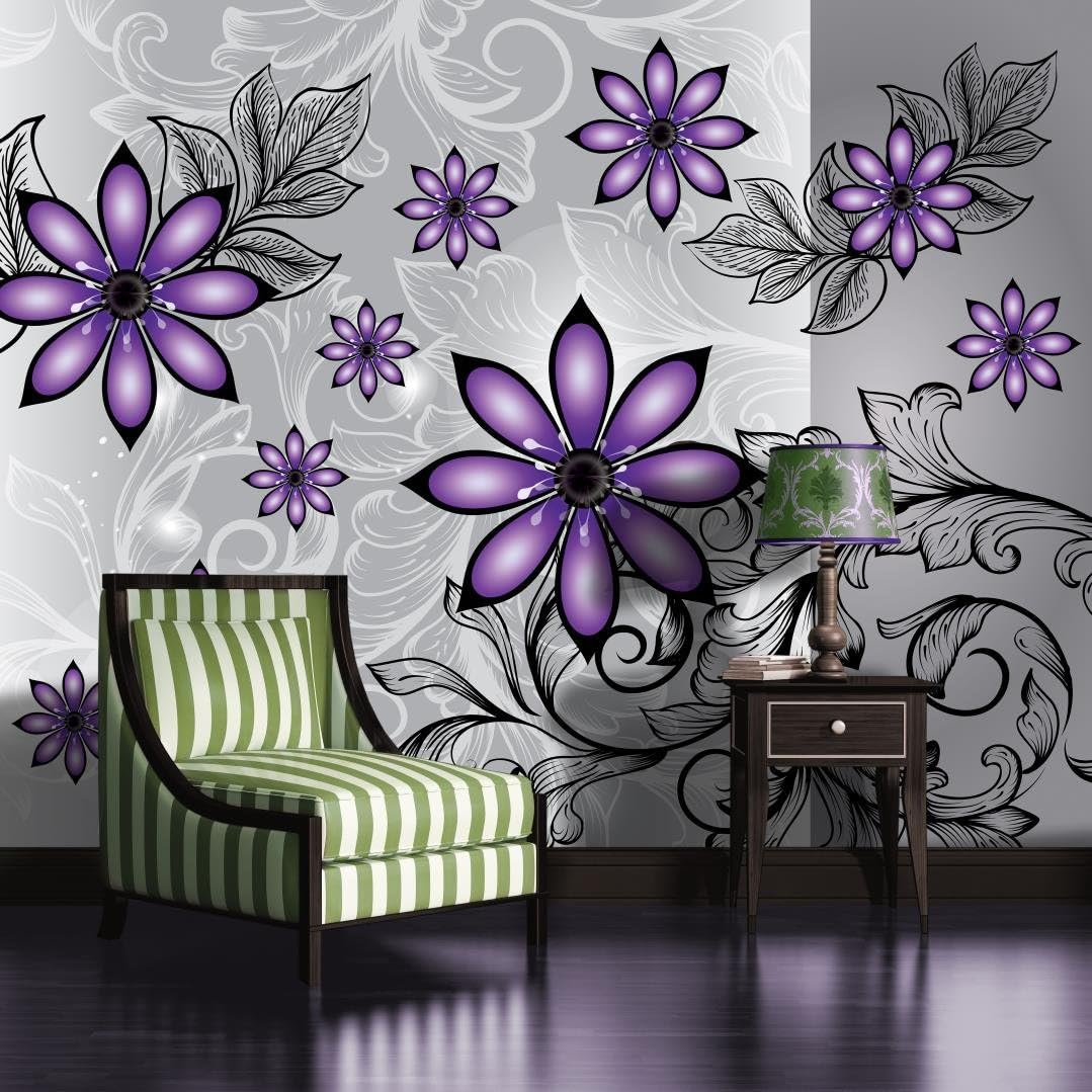 Silver and Purple Floral Pattern Wallpaper Mural