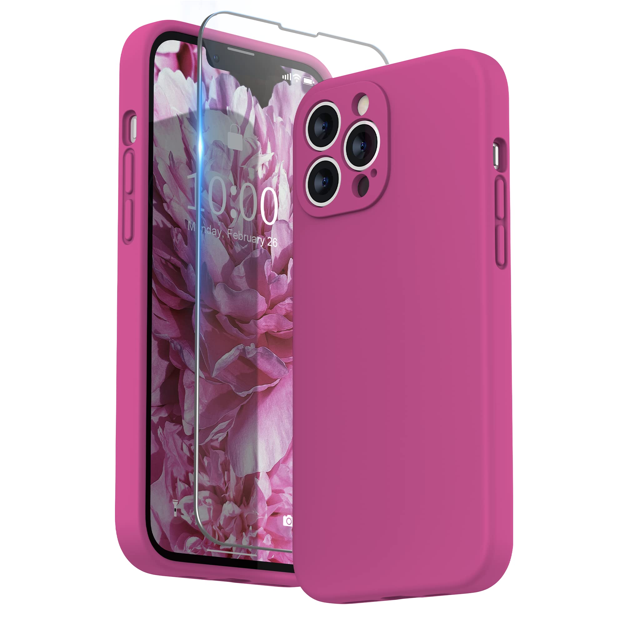 SURPHY Compatible with iPhone 13 Pro Max Case with Screen Protector, Liquid Silicone Protection for Each Lens Shockproof Thickened Rubber Cover for iPhone 13 Pro Max 6.7 inch 2021, Hot Pink — image 1