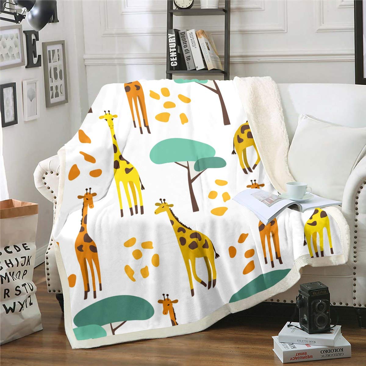 Giraffe Throw Blanket Kids Cartoon Giraffe Print Sherpa Blanket Boys Girls Cute Animal Pattern Fleece Blankets Safari Wild Print Plush Blanketsfor Couch Bed Sofa Fuzzy Blanket Single 50"x60"